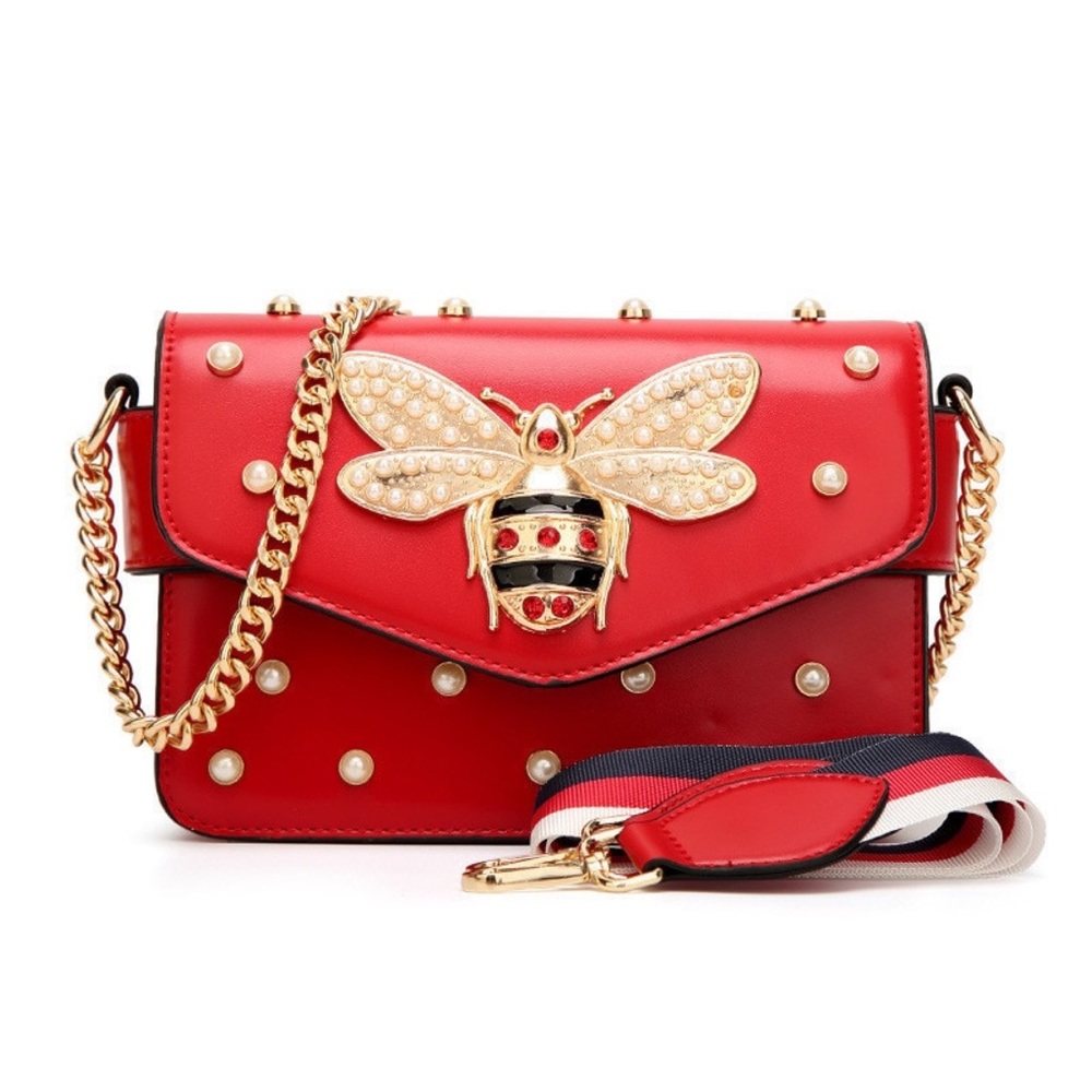 Beautiful Red Pearl Studded Bee Crossbody Purse